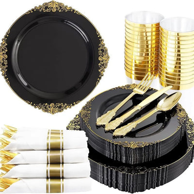 Black Gold Rim Plastic Plates — 2 MOQ, 45-Day Lead, Premium Event