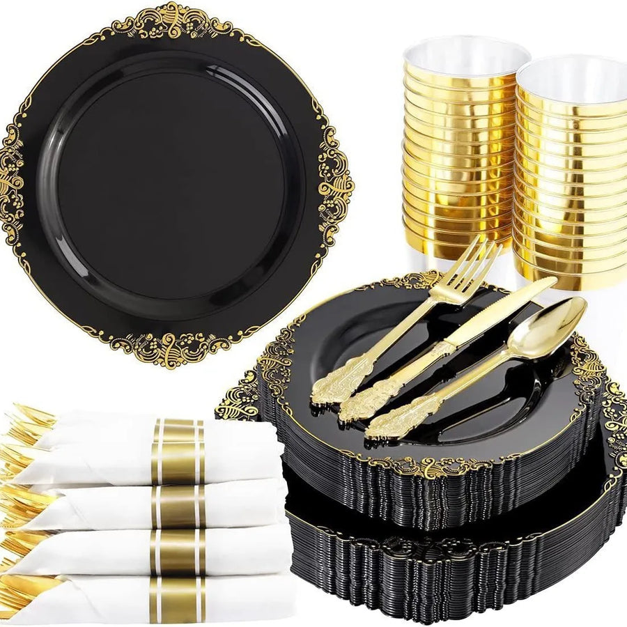 Black Gold Rim Plastic Plates — 2 MOQ, 45-Day Lead, Premium Event