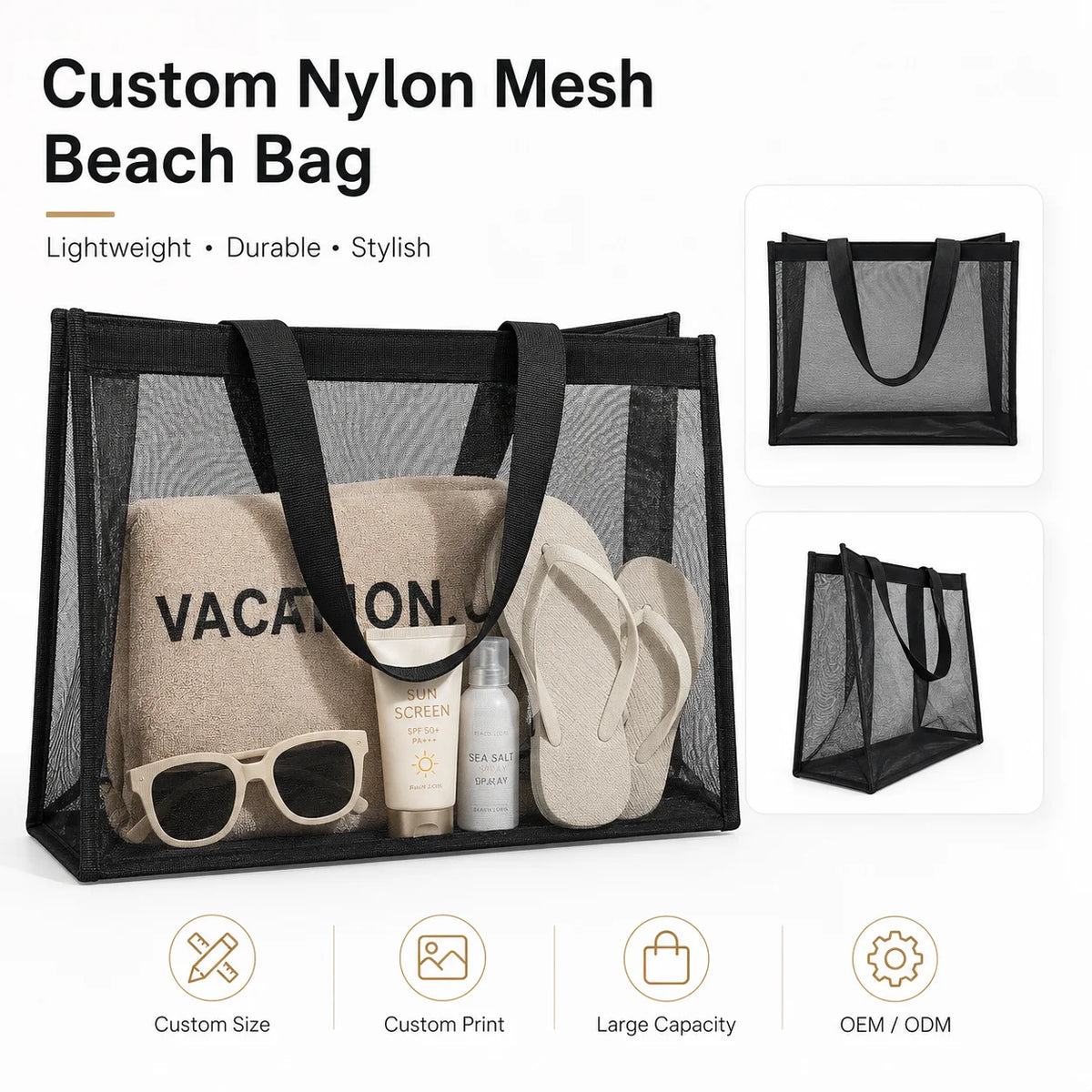 Custom Nylon Mesh Beach Tote with Logo | Reusable Bulk