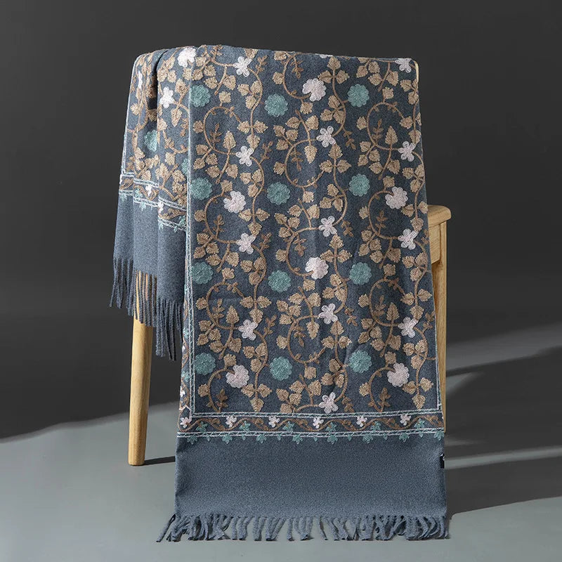 Embroidered Winter Polyester Scarf | Floral Design | Tassel Finish | 1 MOQ | Modest Fashion