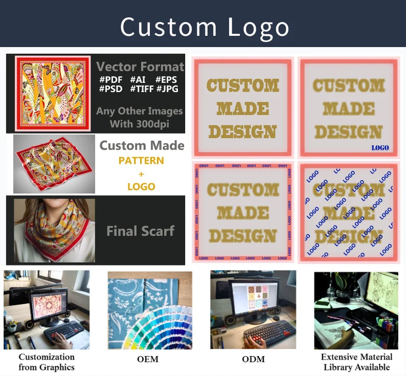 Custom Silk Scarves Factory Direct | 1-Piece MOQ & 31-Day Lead Time | 5 Sizes & 6 Hem Options