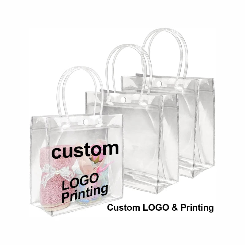 Custom Clear PVC Gift Bags: Button Closure, Full Color Print, Super Clear & Reusable