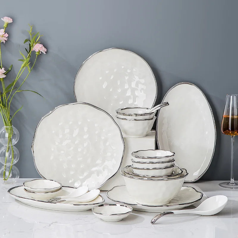 Silver Edge Ceramic Dinnerware Set | 20 MOQ | European Style | Luxury