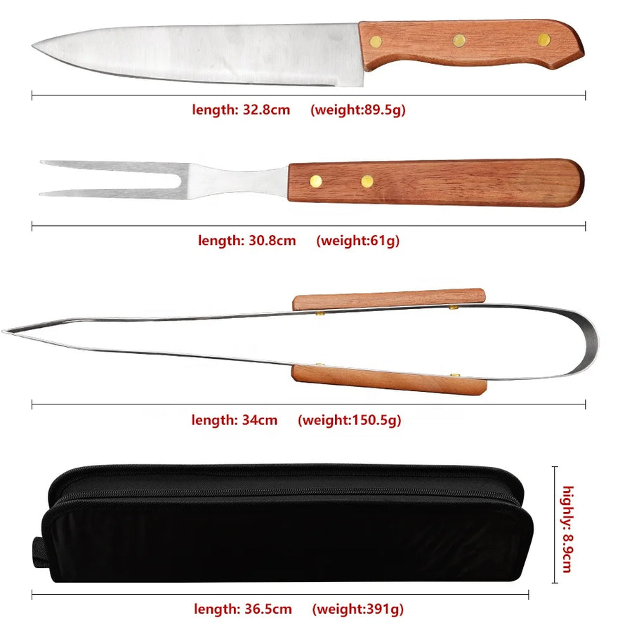 4 Pieces OEM Engraved Soild Wooden Handle Barbeque Grill Tool Barbecue Accessories Set BBQ Accessories With Portable Bag