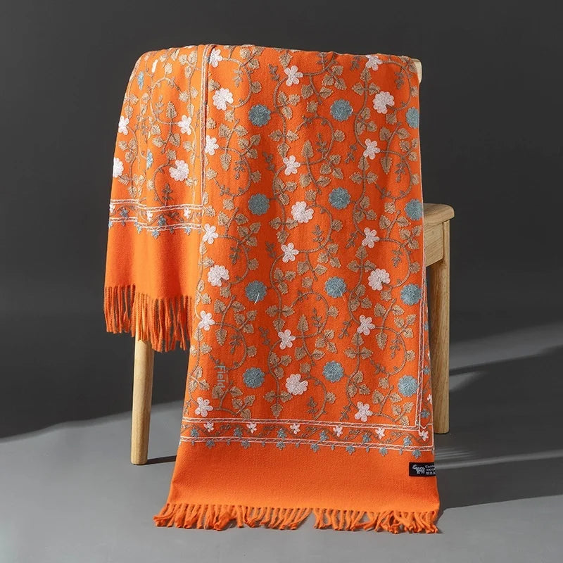 Embroidered Winter Polyester Scarf | Floral Design | Tassel Finish | 1 MOQ | Modest Fashion