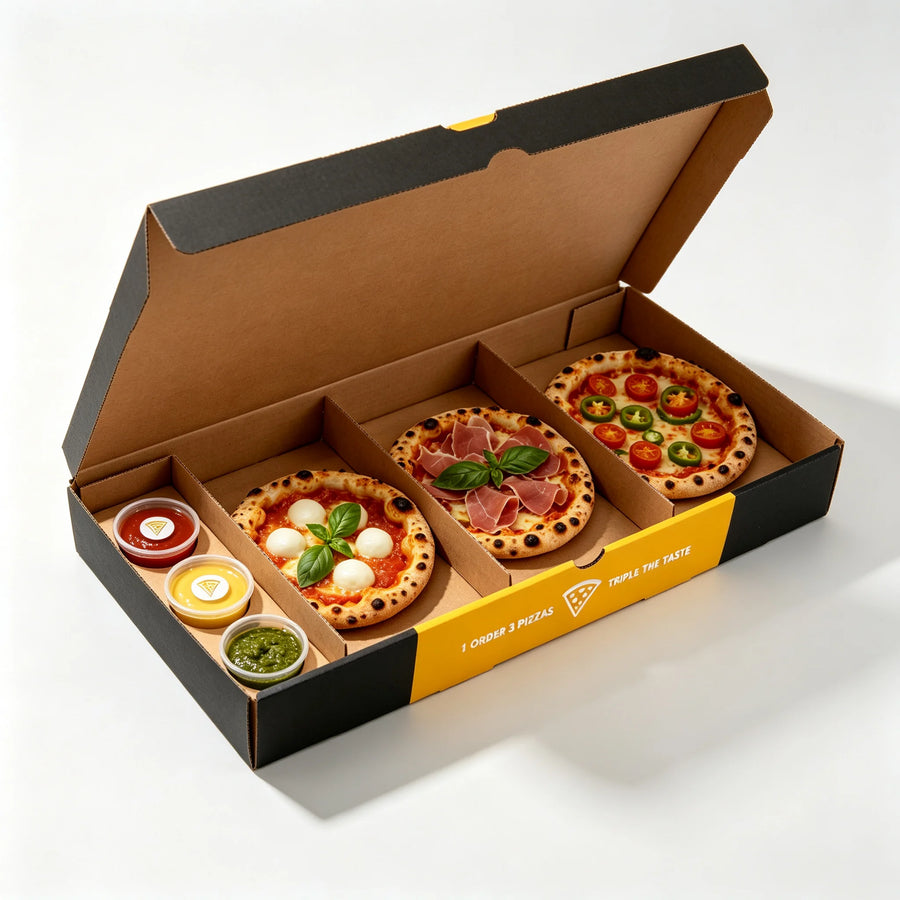 Custom Logo 3-Compartment Pizza Boxes | Restaurant Packaging MOQ 500