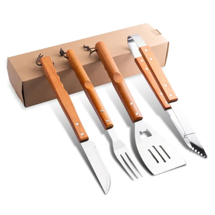 Custom Wooden Handle BBQ Tool Set: Stainless Steel, Laser Engraved Logo, MOQ 100 for Grilling & Camping