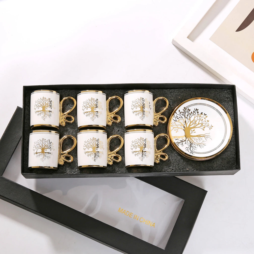 Gold Rimmed Arabic Coffee Cup Set 6pcs | 200 Logo MOQ | EU Certified