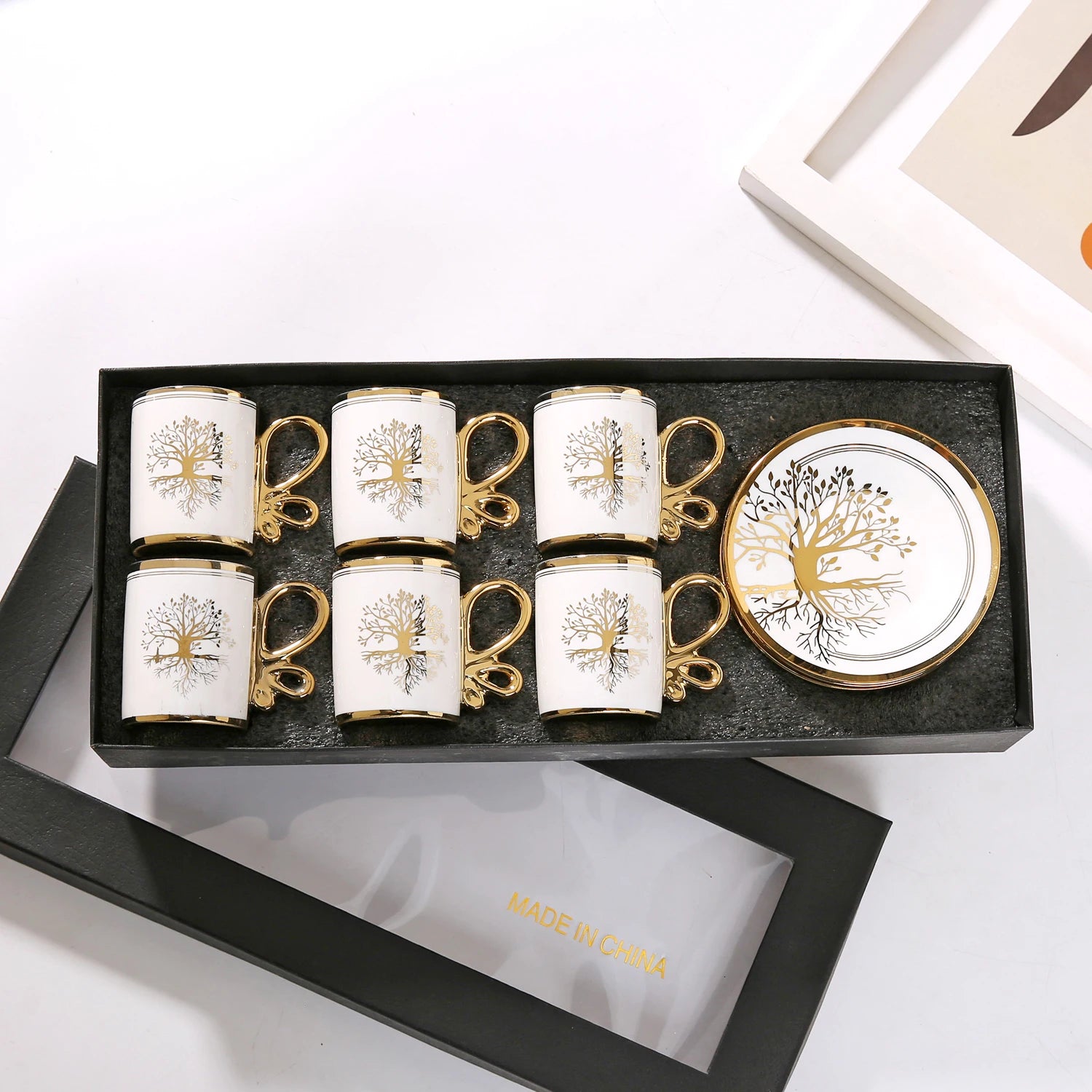 Gold Rimmed Arabic Coffee Cup Set 6pcs | 200 Logo MOQ | EU Certified