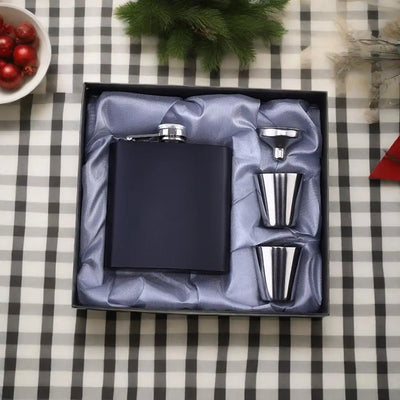 Custom Metal Flask with Logo — Matte Black Gift Set