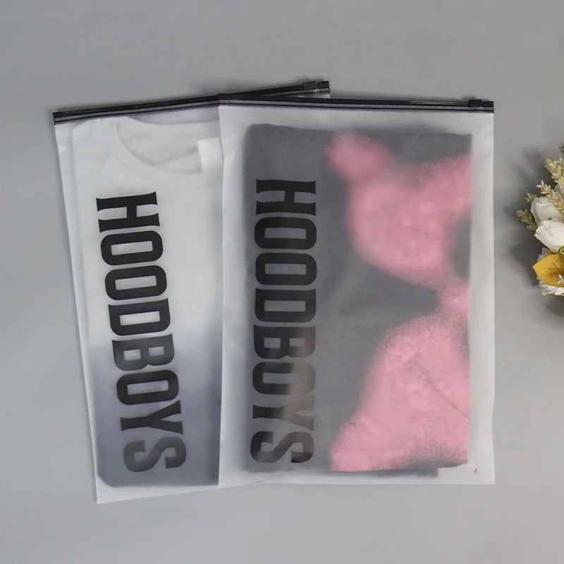 Custom Plastic T-Shirt Bags | Frosted Zip Lock | MOQ 100