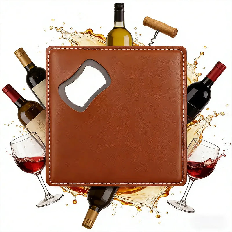 Custom PU Leather Coaster Bottle Opener 200pcs MOQ | Engraved Round Gift for Weddings & Breweries