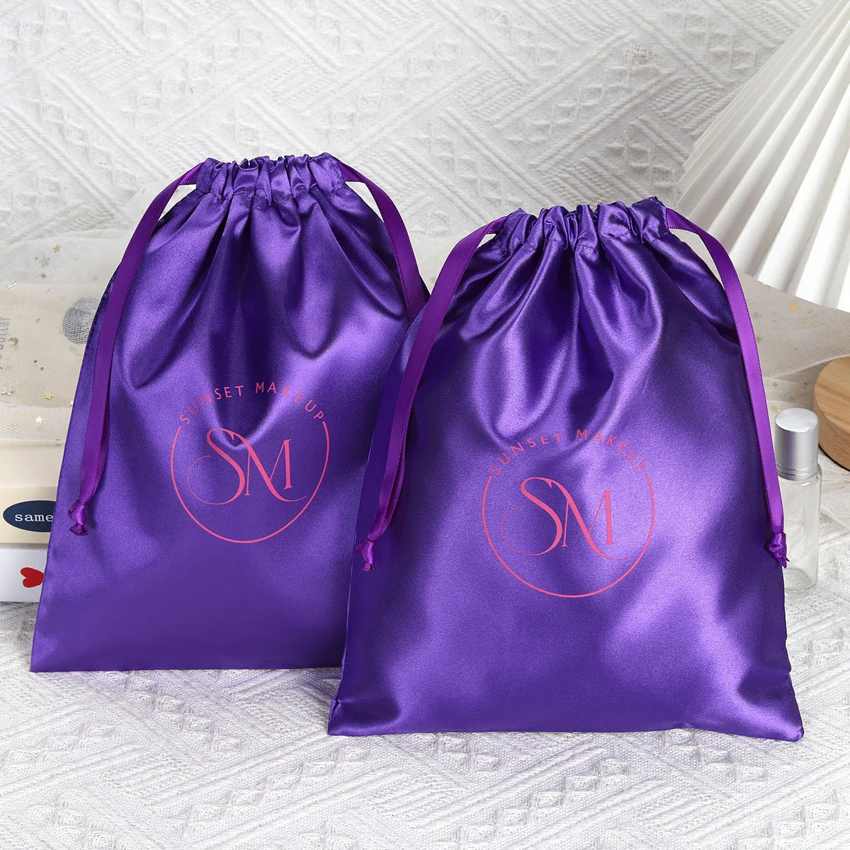 Custom Satin Drawstring Bags with Logo — 120-250 GSM for Cosmetic & Gift Packaging