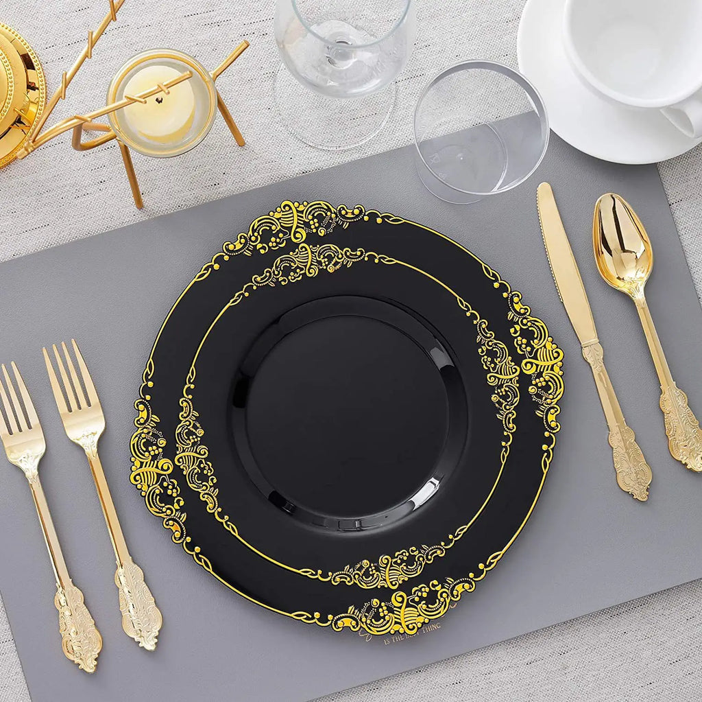 Black Gold Rim Plastic Plates — 2 MOQ, 45-Day Lead, Premium Event