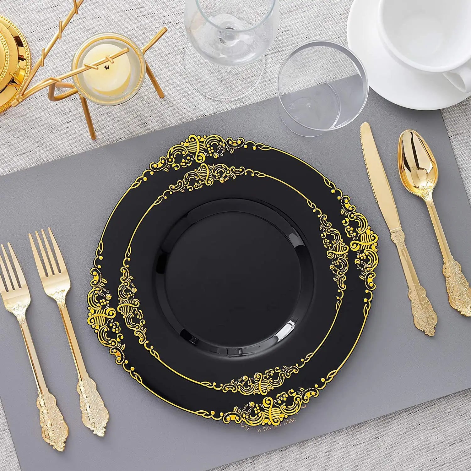 Black Gold Rim Plastic Plates — 2 MOQ, 45-Day Lead, Premium Event