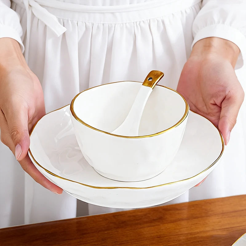 Nordic Ceramic Dinnerware Set | Gold Rim Tableware