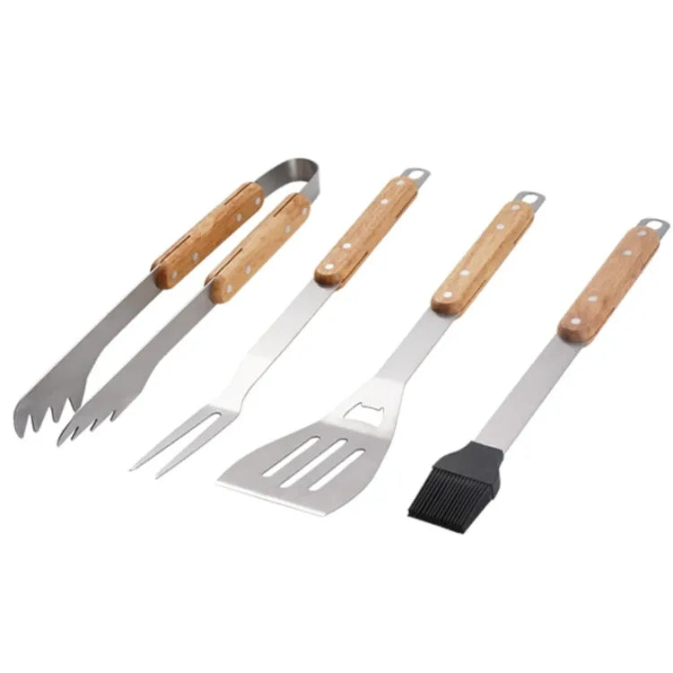 Custom Wooden Handle BBQ Tool Set: Stainless Steel, Laser Engraved Logo, MOQ 100 for Grilling & Camping