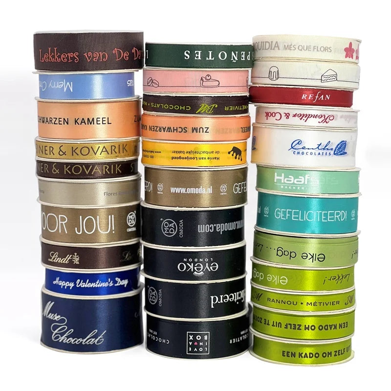 Custom Printed Satin Ribbon | 64 Colors | Gold Foil Logo | 5000m MOQ