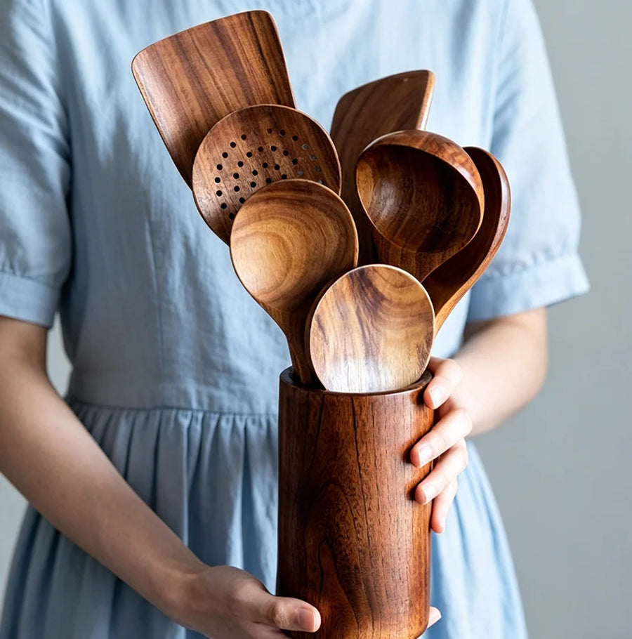 Acacia Teak Wood Utensil Set 9-Piece | Non-Stick | 1 MOQ | Custom Logo