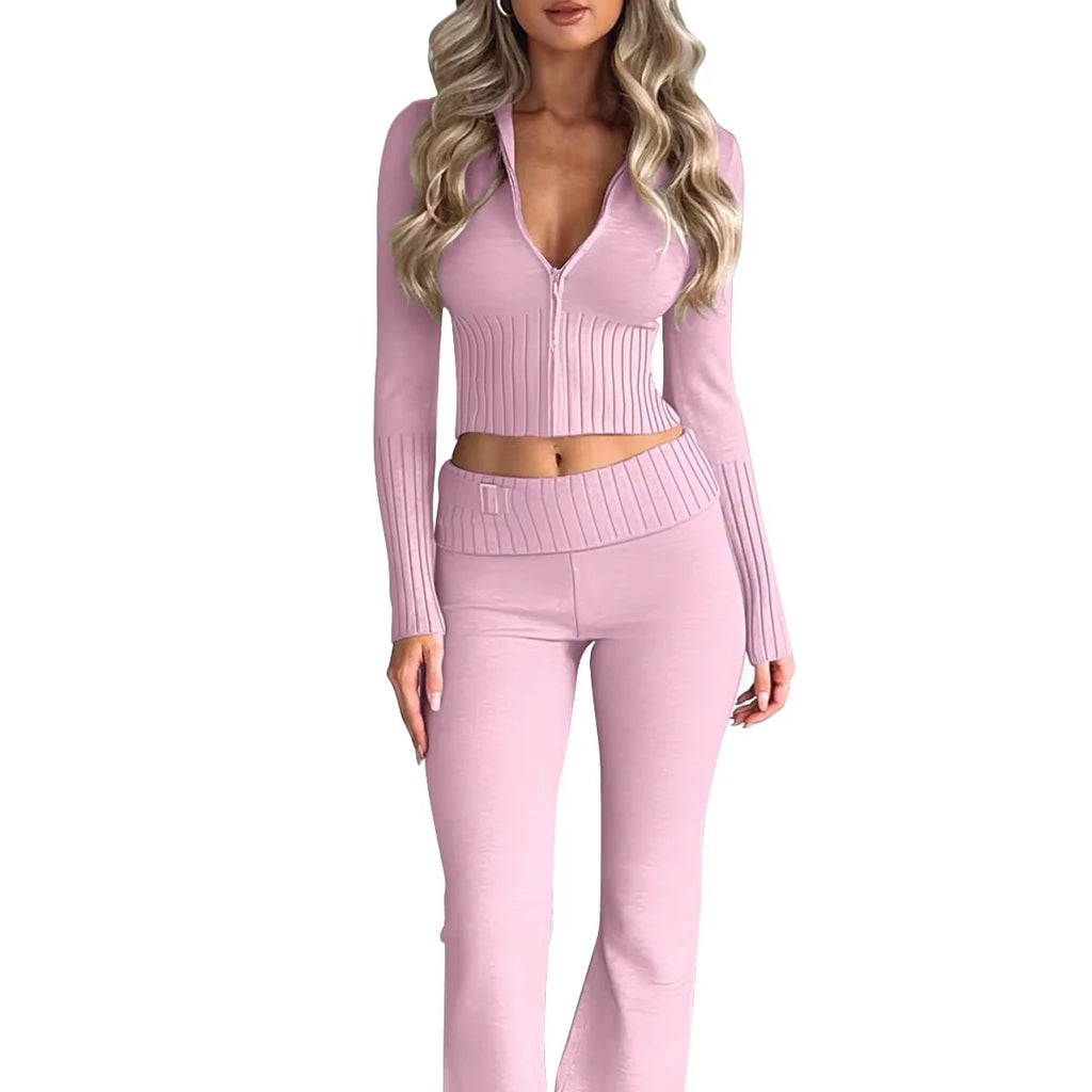 Private Label Women’s Knit Two Piece Set with Zip Crop Top and Wide Leg Sweater Pants for Fall Retail & Brand Custom Orders