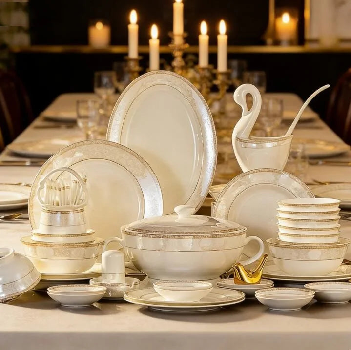 24pcs Embossed Gold Porcelain Tableware Set | Luxury Bone China