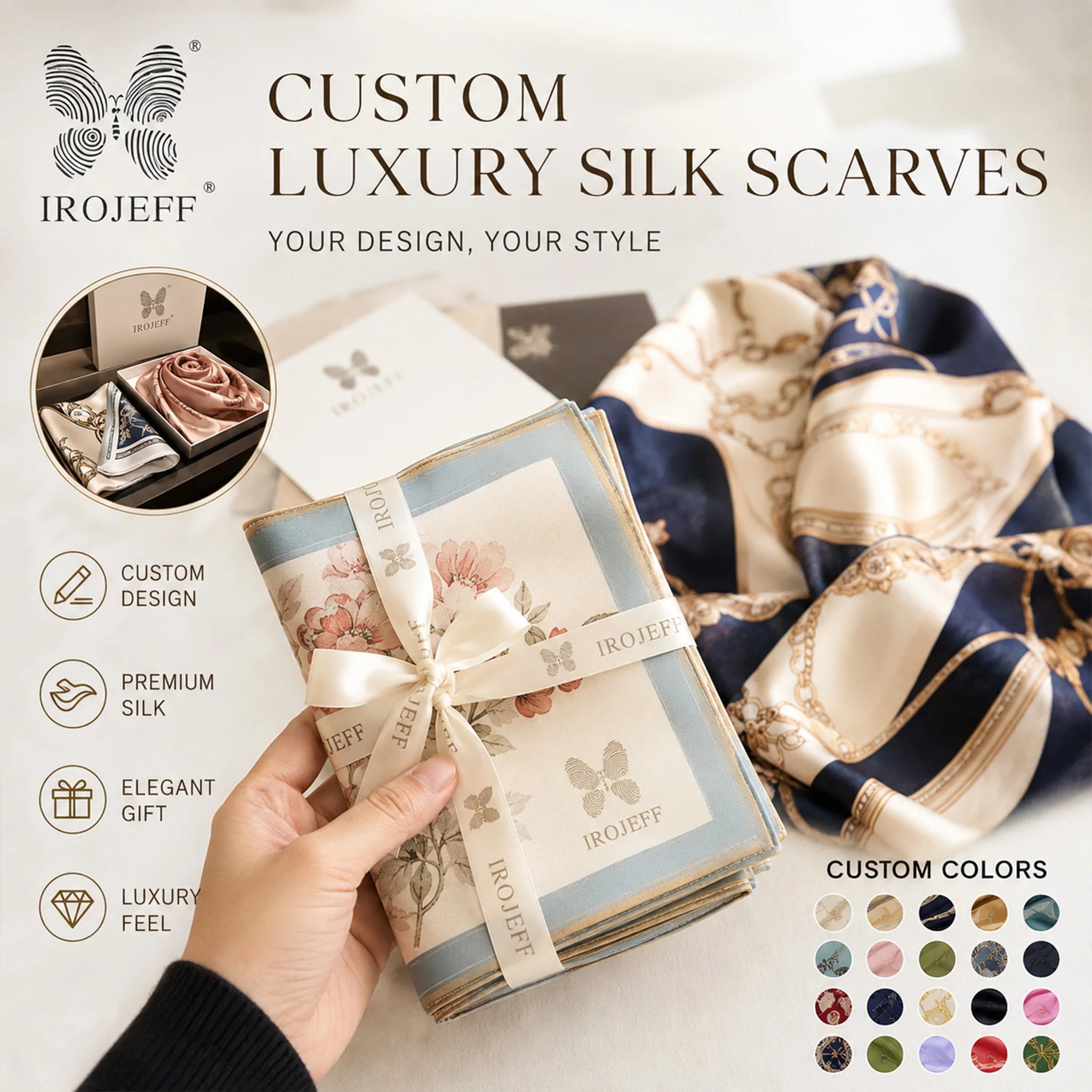 Custom 18 Momme Mulberry Silk Scarf with Digital Print Logo | Bulk Corporate Gifts & Retail Accessories