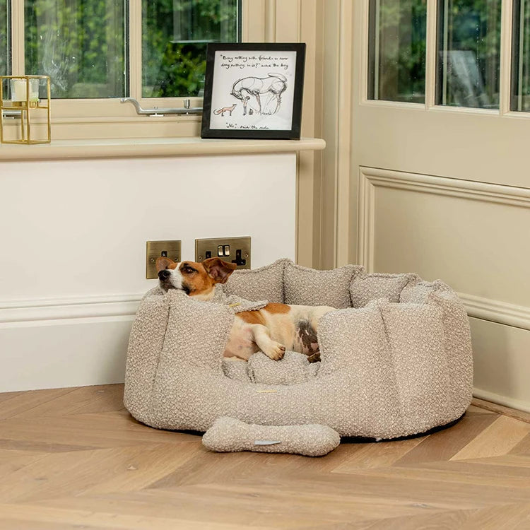 Custom Boucle Pet Bed with Logo | Round Bolster MOQ 500