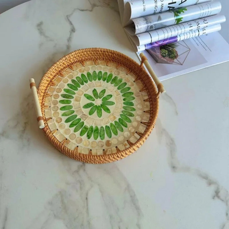 Double-Ear Rattan Fruit Plate | Hand-Woven | 50 MOQ | Colorful Shell