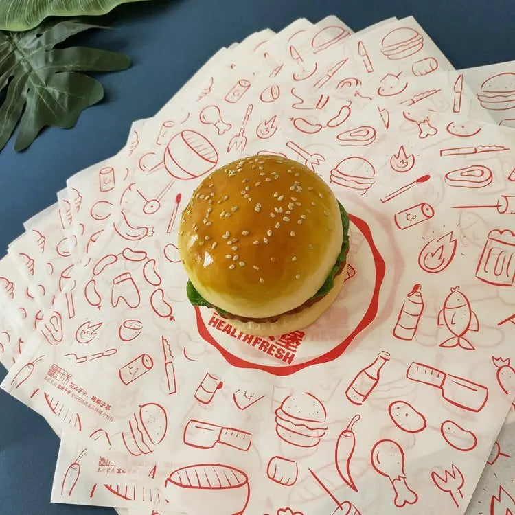 Custom Food-Grade Greaseproof Paper: 30K MOQ, 7-Day Lead, 35-45gsm | Burger & Sandwich Wrapping