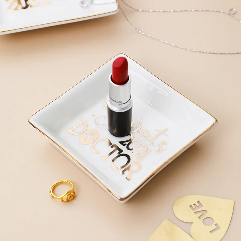 Custom Ceramic Trinket Dishes: 100 MOQ, Golden Edge, 10.5cm | Wedding & Jewelry Display Plates