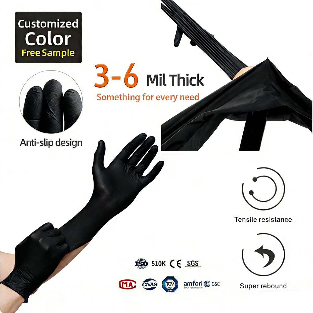 510K Certified Nitrile Gloves 9" Black | Medical Food Tattoo Safety | Bulk Wholesale