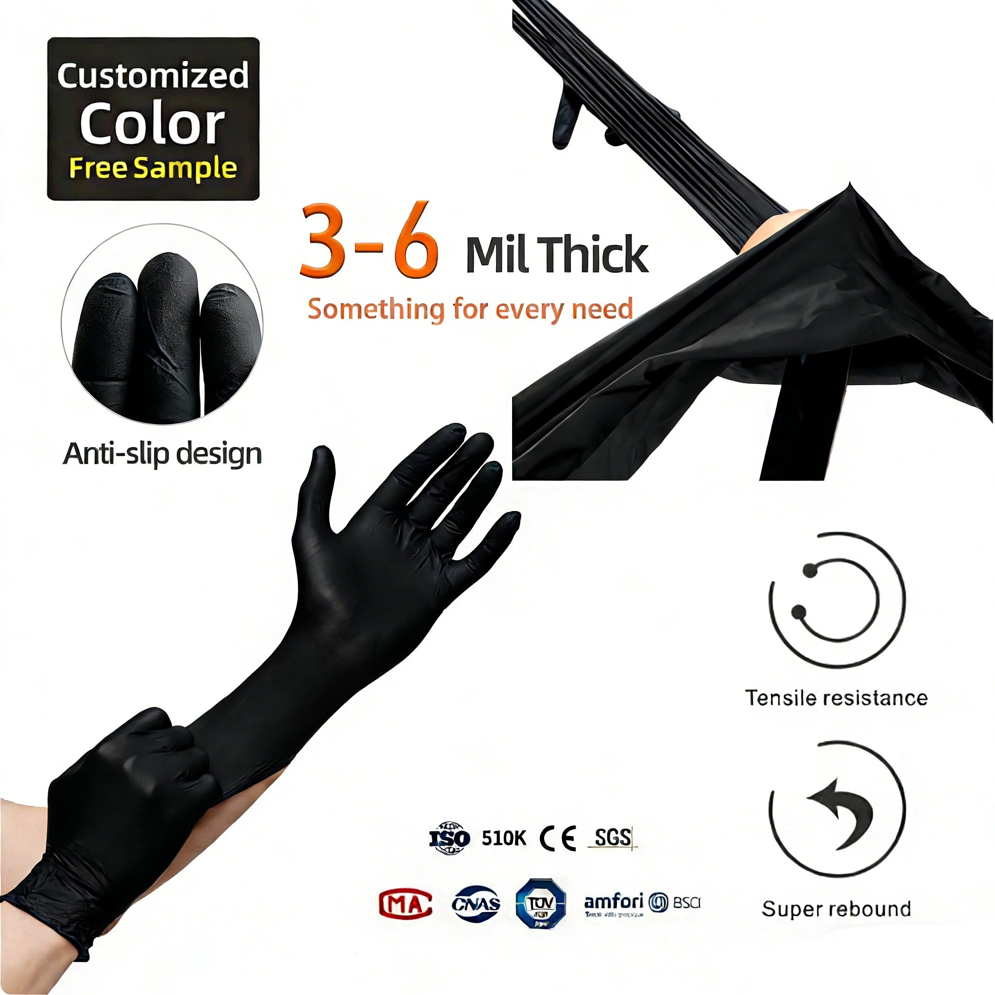 510K Certified Nitrile Gloves 9" Black | Medical Food Tattoo Safety | Bulk Wholesale