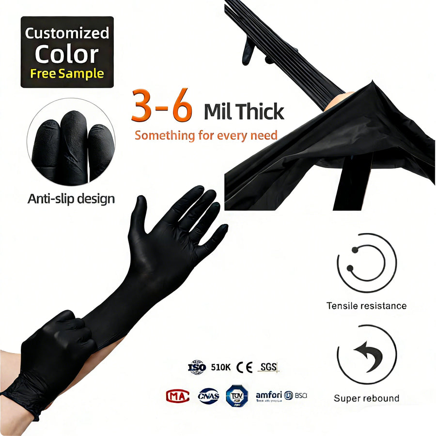 510K Certified Nitrile Gloves 9" Black | Medical Food Tattoo Safety | Bulk Wholesale
