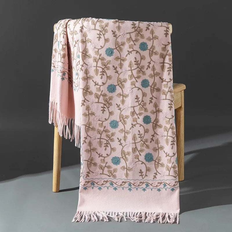 Embroidered Winter Polyester Scarf | Floral Design | Tassel Finish | 1 MOQ | Modest Fashion