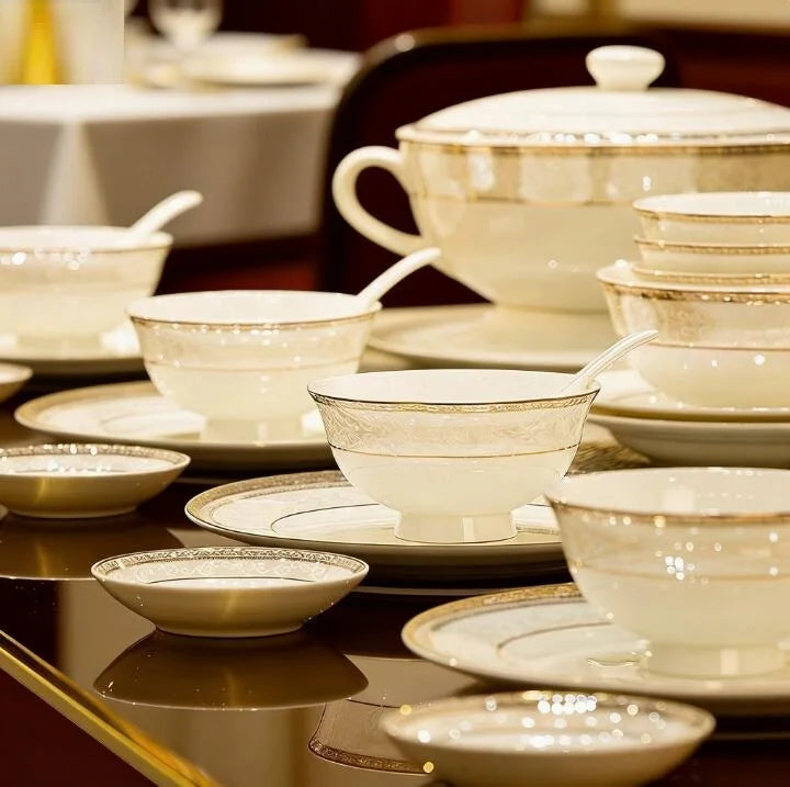 24pcs Embossed Gold Porcelain Tableware Set | Luxury Bone China