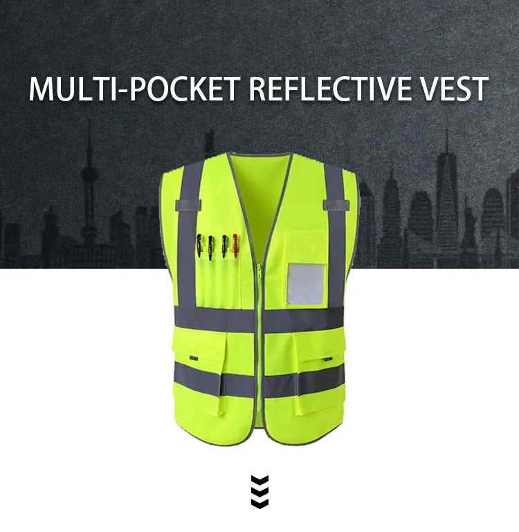 Custom High Visibility Reflective Safety Vest – Multi Pocket Breathable Mesh Workwear for Construction, Road Crew & Security