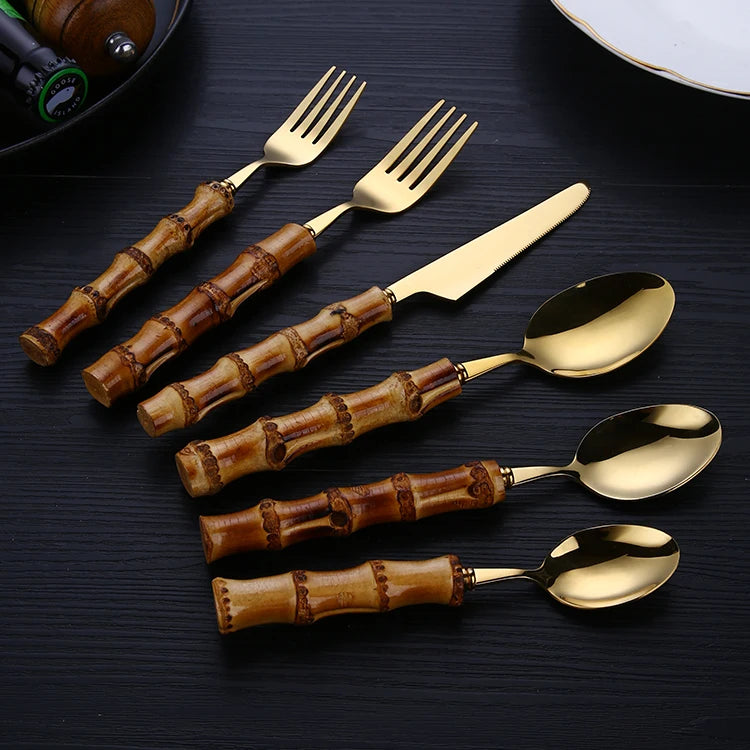 Vintage Bamboo Handle Flatware Set | Gold Mirror Polish | Custom Logo
