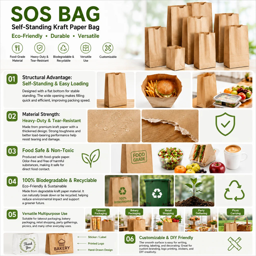 Custom Kraft Paper Bags 100% Recycled | Logo Printing | Restaurant Takeout