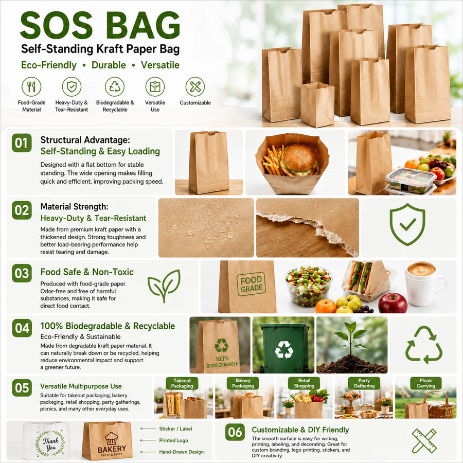 Custom Kraft Paper Bags 100% Recycled | Logo Printing | Restaurant Takeout