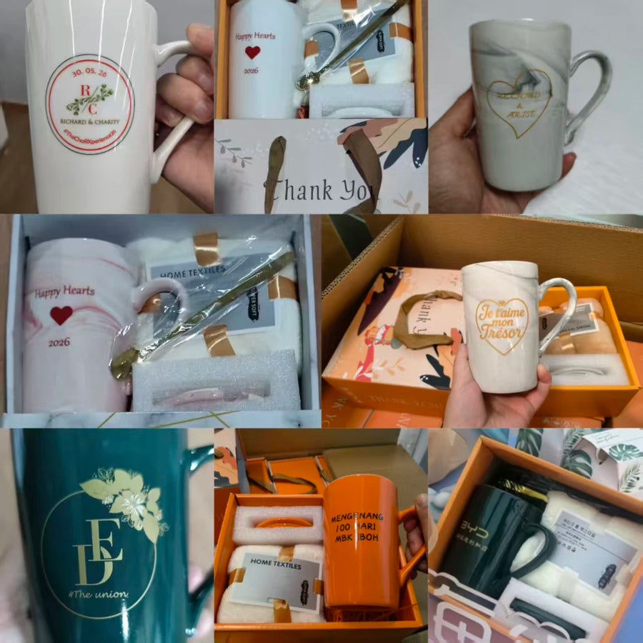 Custom Ceramic Mug Gift Set Wholesale | Towel Spoon Lid Box 50 MOQ
