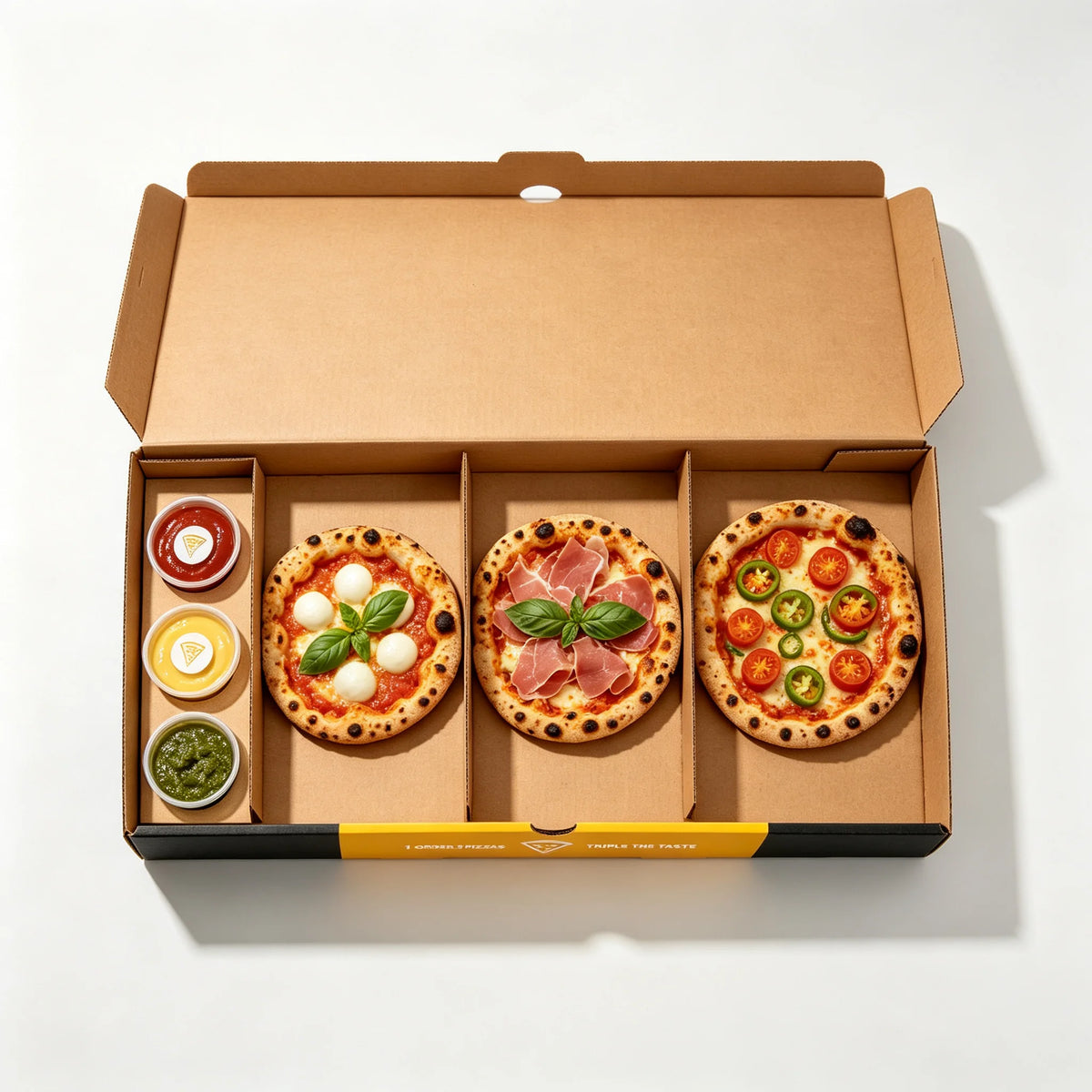 Custom Logo 3-Compartment Pizza Boxes | Restaurant Packaging MOQ 500