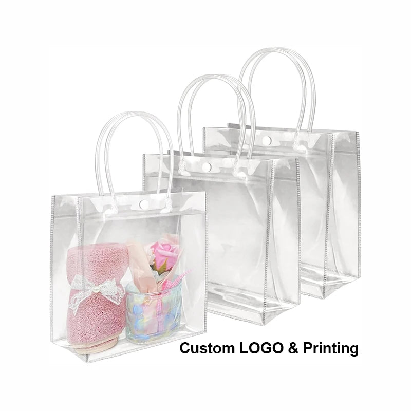 Custom Clear PVC Gift Bags: Button Closure, Full Color Print, Super Clear & Reusable