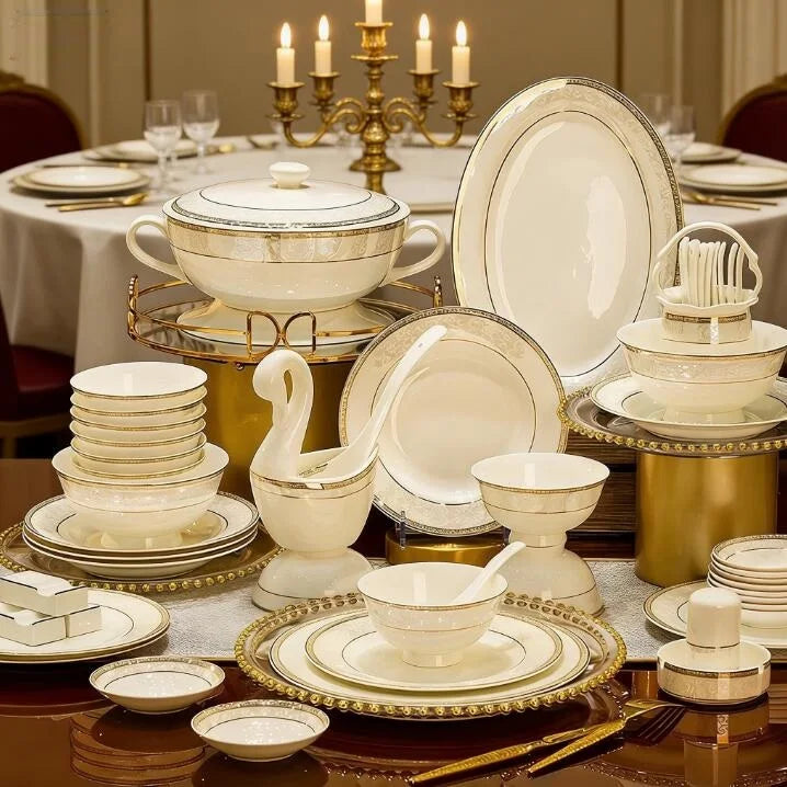 24pcs Embossed Gold Porcelain Tableware Set | Luxury Bone China