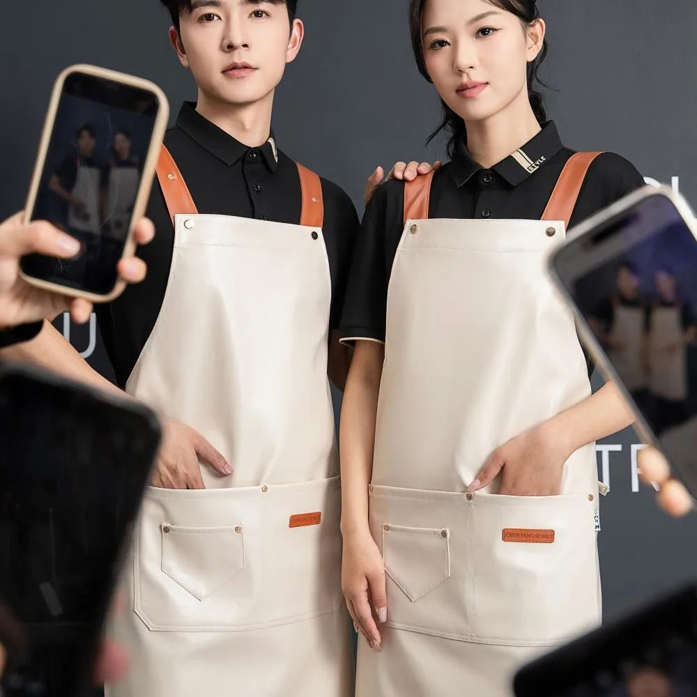 Custom PU Leather Sleeved Aprons with Logo | 50 MOQ for Restaurant Kitchen & Catering Staff Uniforms