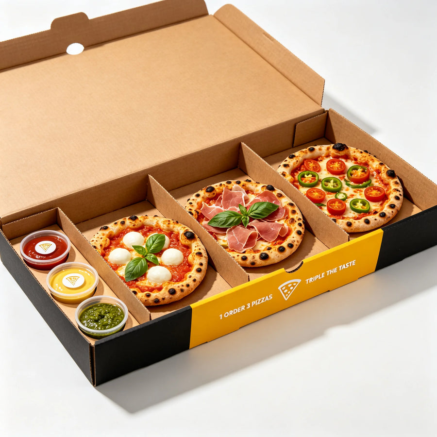 Custom Logo 3-Compartment Pizza Boxes | Restaurant Packaging MOQ 500