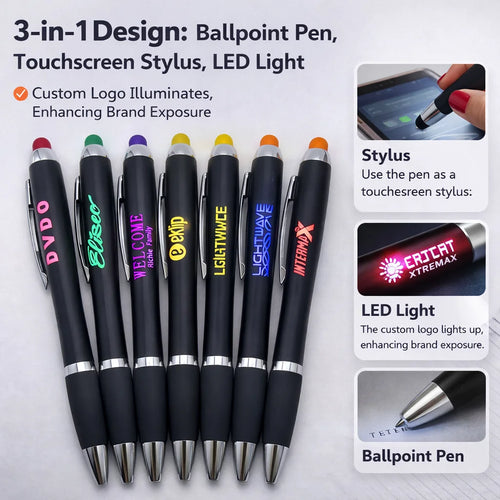 Custom 3-in-1 LED Pens 100 MOQ | Laser Engraving Stylus Promotional Gifts