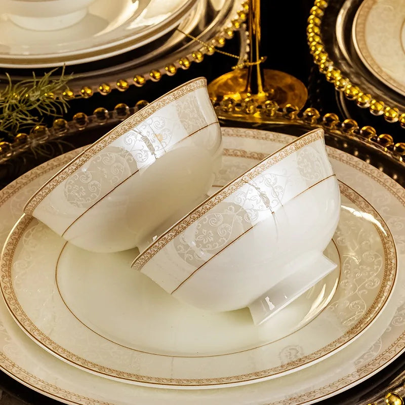 24pcs Embossed Gold Porcelain Tableware Set | Luxury Bone China