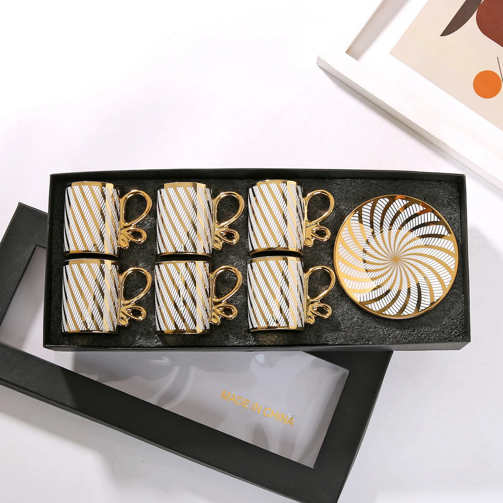 Gold Rimmed Arabic Coffee Cup Set 6pcs | 200 Logo MOQ | EU Certified