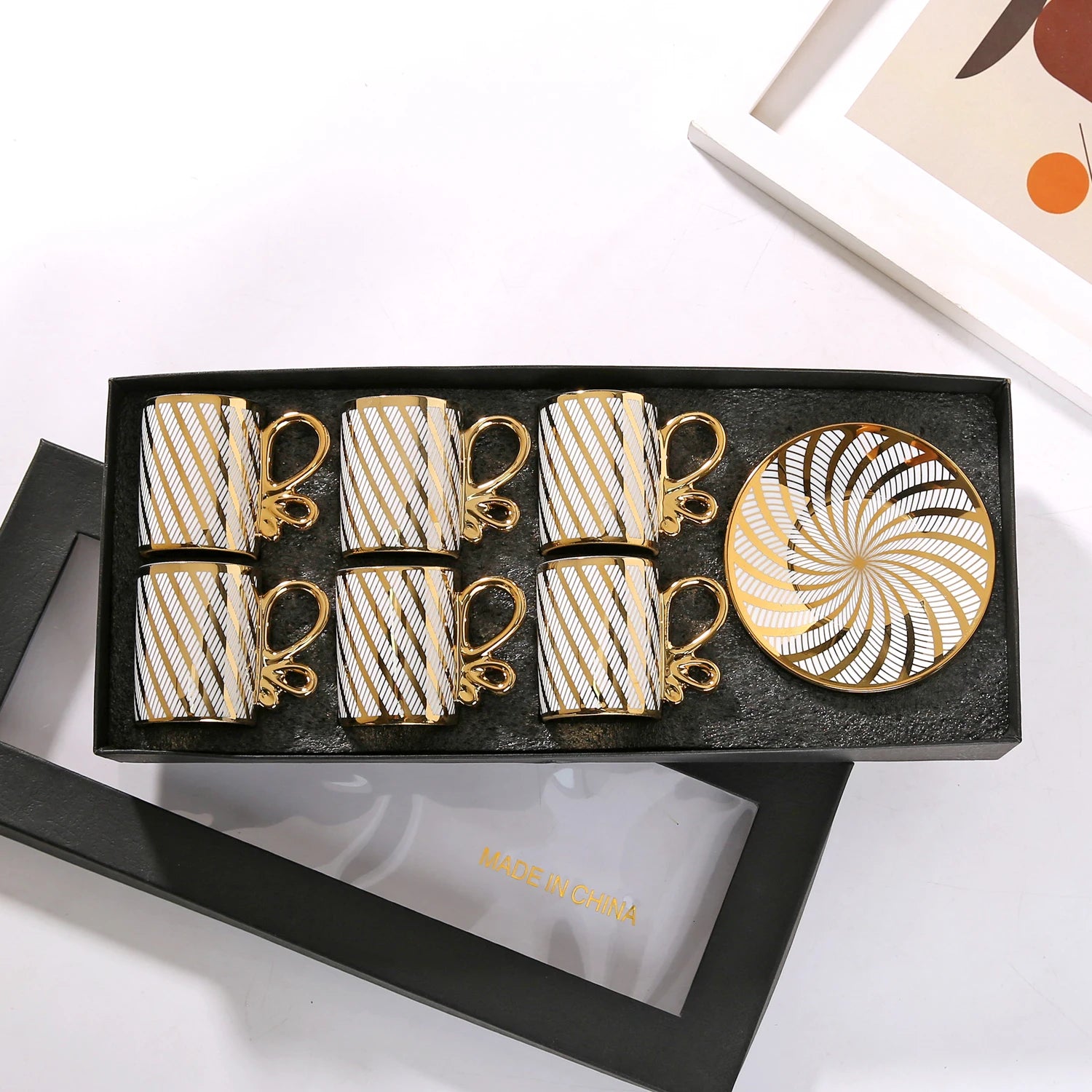 Gold Rimmed Arabic Coffee Cup Set 6pcs | 200 Logo MOQ | EU Certified
