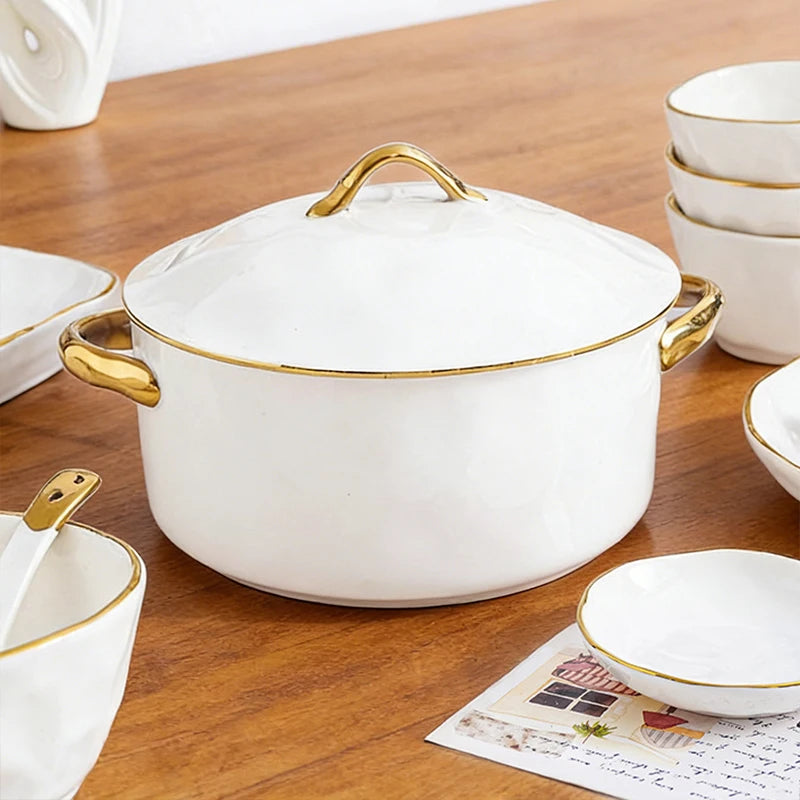 Nordic Ceramic Dinnerware Set | Gold Rim Tableware